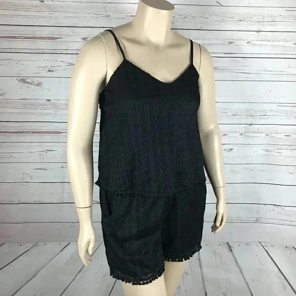 AMERICAN RAG Plus Size Pom Pom Trim Romper, Black, 0X - Picture 4 of 7